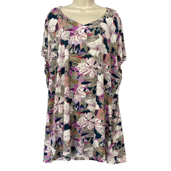 Selection by Ulla Popken Tunic Top Womens 24 26 Floral Short Sleeve Slinky Knit - Picture 1 of 15